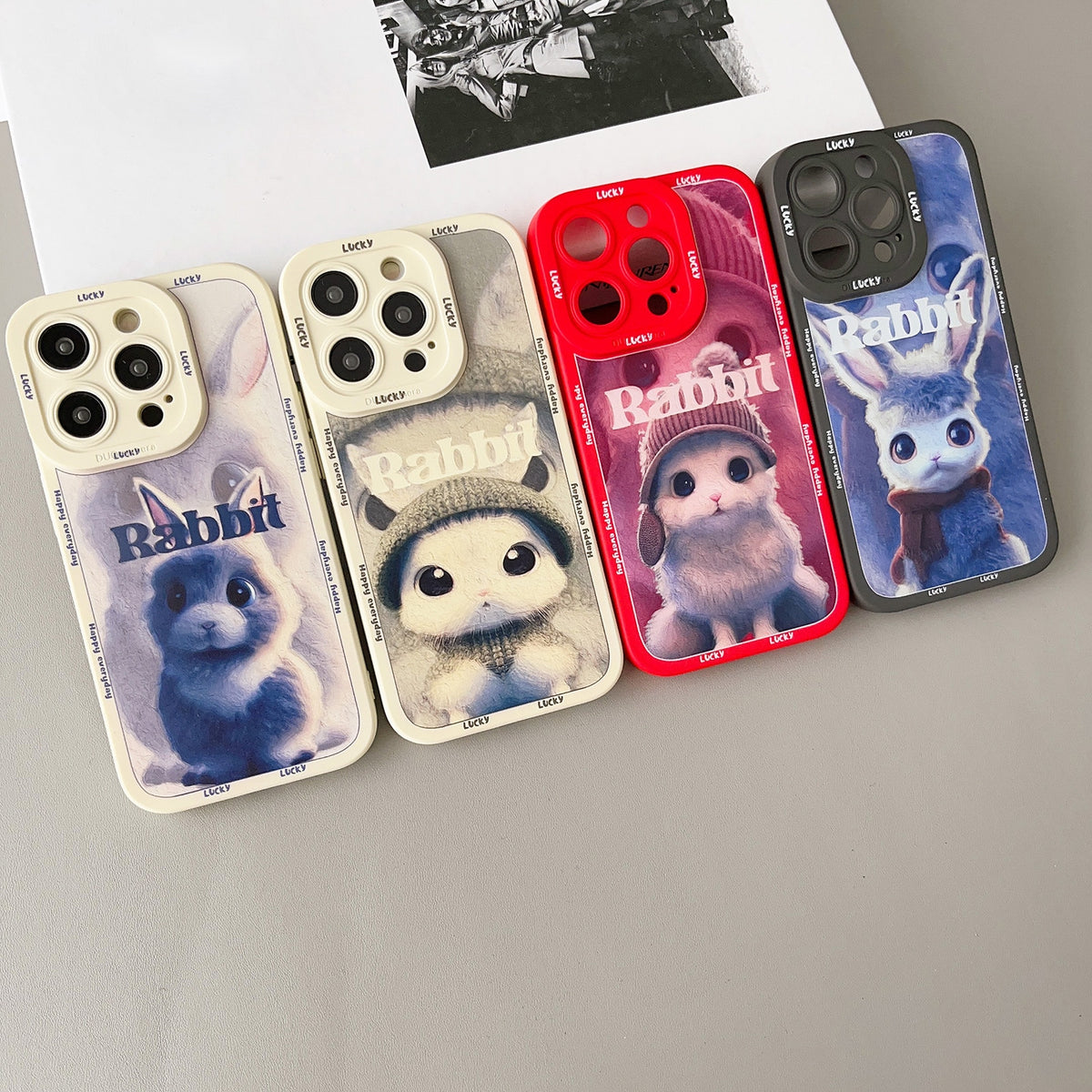 ELECTROPRIME For iPhone 15 Liquid Silicone Oil Painting Rabbit Phone Case(Beige Green)
