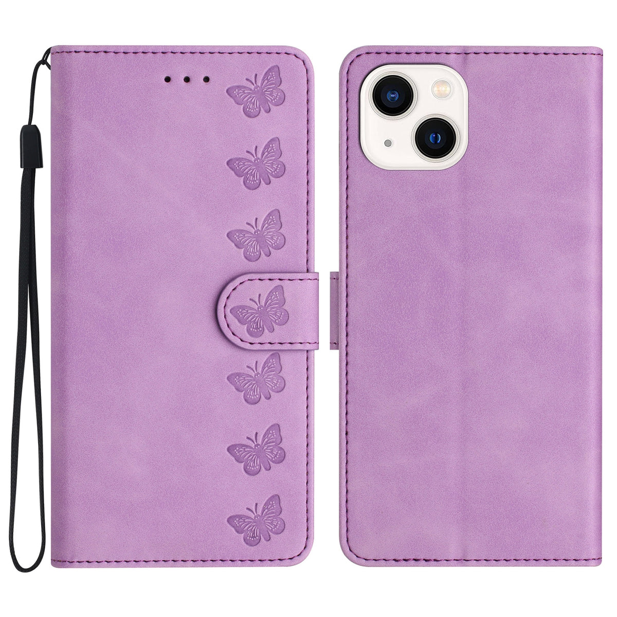 ELECTROPRIME For iPhone 15 Plus Seven Butterflies Embossed Leather Phone Case(Purple)