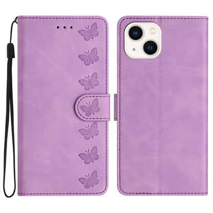 ELECTROPRIME For iPhone 15 Seven Butterflies Embossed Leather Phone Case(Purple)
