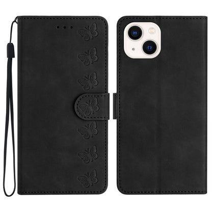 ELECTROPRIME For iPhone 15 Seven Butterflies Embossed Leather Phone Case(Black)