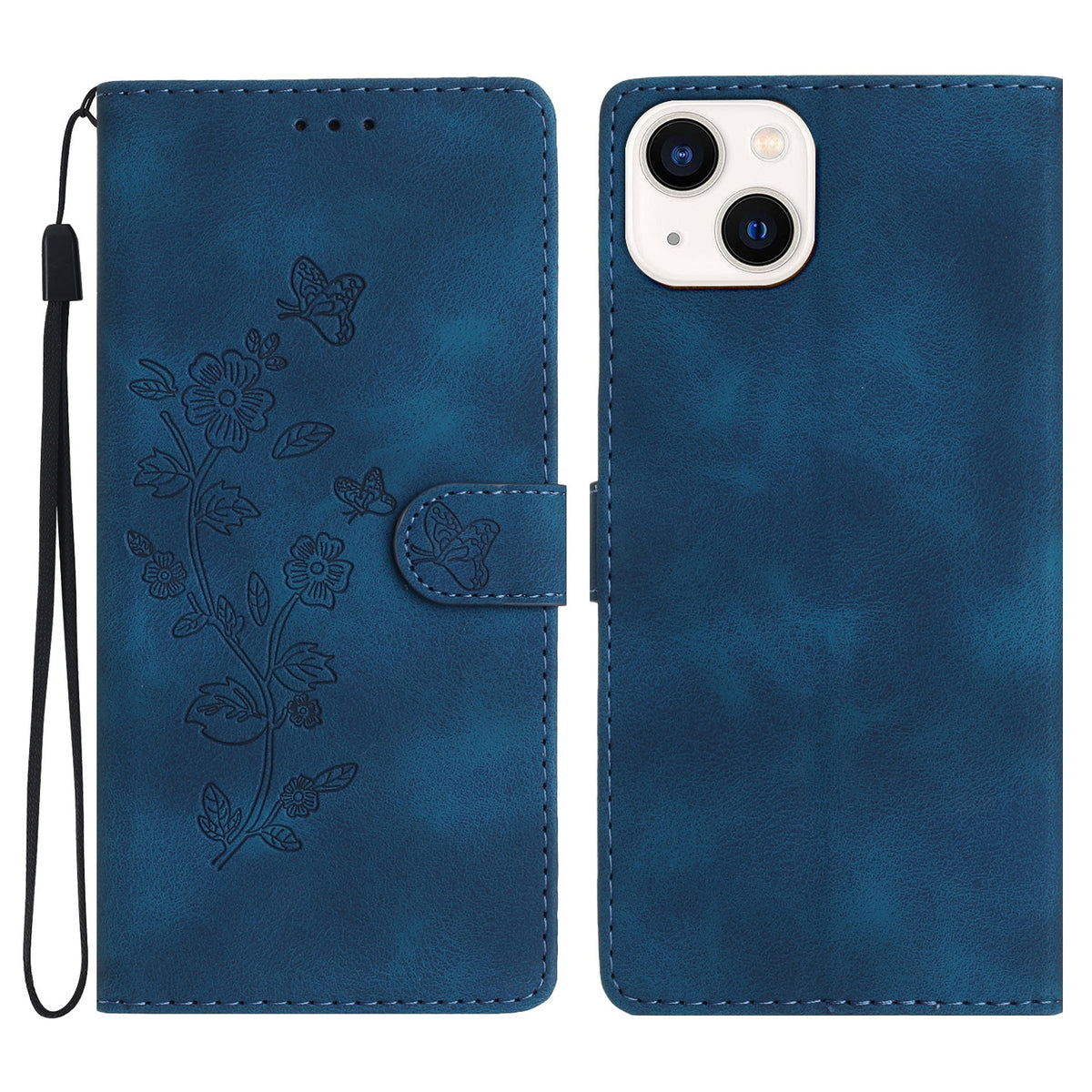 ELECTROPRIME For iPhone 15 Plus Flower Butterfly Embossing Pattern Leather Phone Case(Blue)