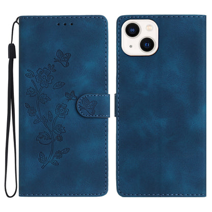 ELECTROPRIME For iPhone 15 Plus Flower Butterfly Embossing Pattern Leather Phone Case(Blue)