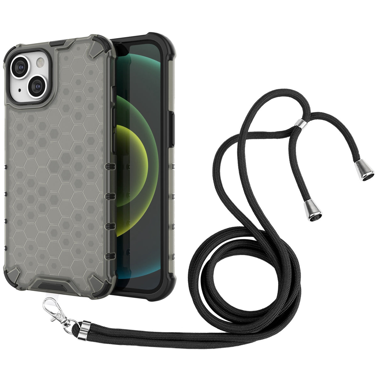 ELECTROPRIME For iPhone 15 Lanyard Honeycomb Phone Case(Black)