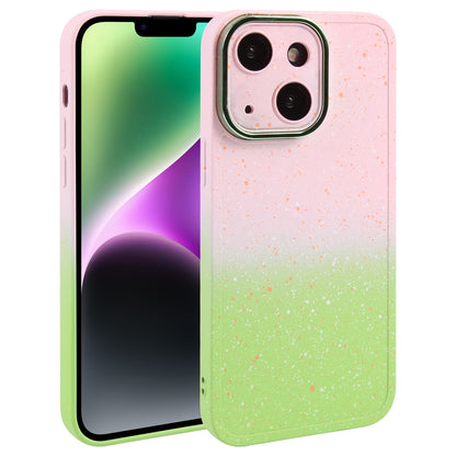ELECTROPRIME For iPhone 15 Plus Gradient Starry Silicone Phone Case with Lens Film(Pink Green)