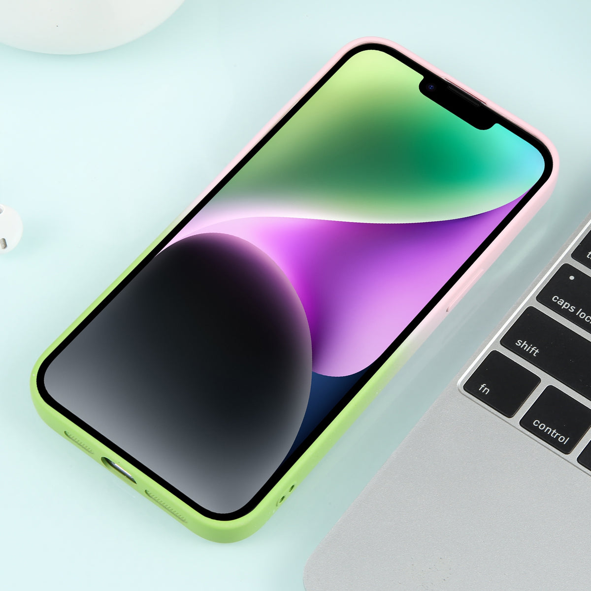 ELECTROPRIME For iPhone 15 Plus Gradient Starry Silicone Phone Case with Lens Film(Pink Green)