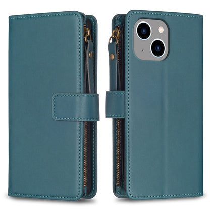 ELECTROPRIME For iPhone 15 Plus 9 Card Slots Zipper Wallet Leather Flip Phone Case(Green)