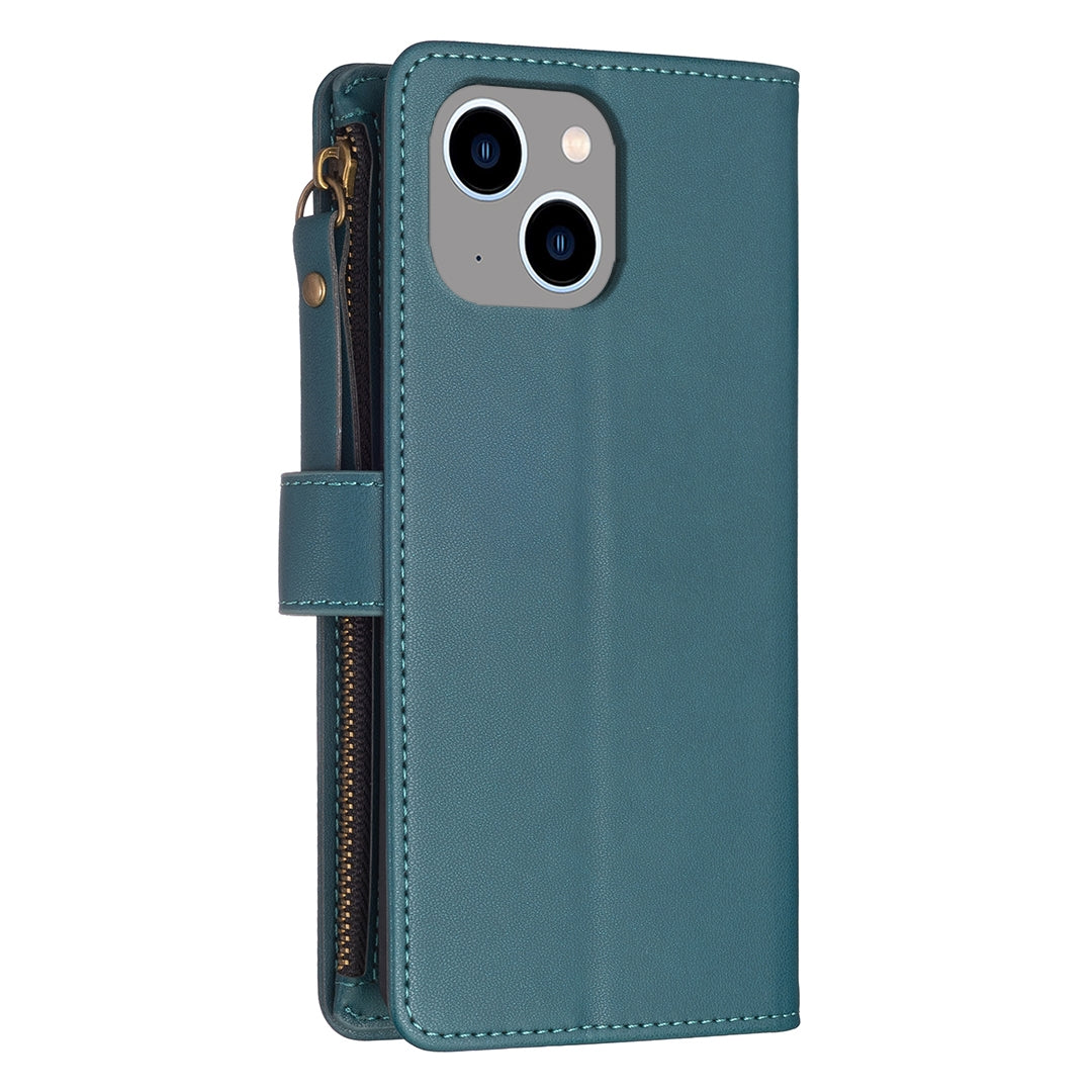 ELECTROPRIME For iPhone 15 Plus 9 Card Slots Zipper Wallet Leather Flip Phone Case(Green)