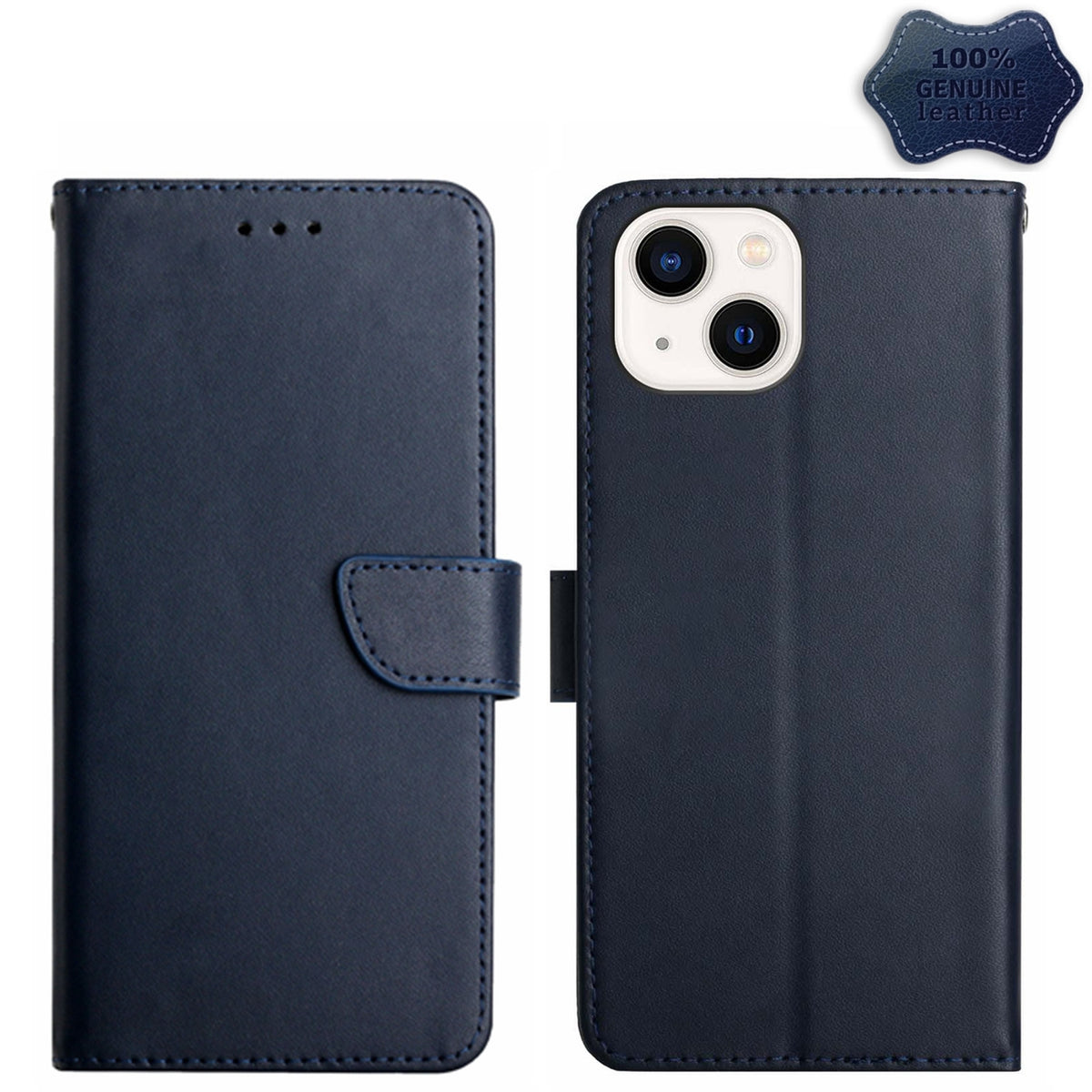 ELECTROPRIME For iPhone 15 Plus Genuine Leather Fingerprint-proof Flip Phone Case(Blue)