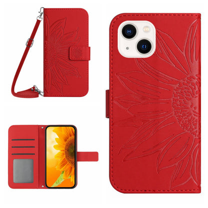 ELECTROPRIME For iPhone 15 Skin Feel Sun Flower Embossed Flip Leather Phone Case with Lanyard(Red)