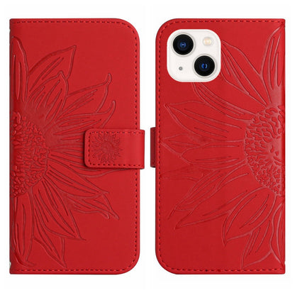 ELECTROPRIME For iPhone 15 Skin Feel Sun Flower Embossed Flip Leather Phone Case with Lanyard(Red)