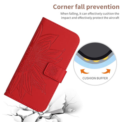 ELECTROPRIME For iPhone 15 Skin Feel Sun Flower Embossed Flip Leather Phone Case with Lanyard(Red)