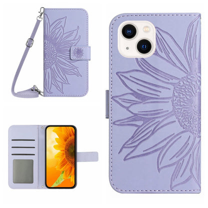 ELECTROPRIME For iPhone 15 Skin Feel Sun Flower Embossed Flip Leather Phone Case with Lanyard(Purple)
