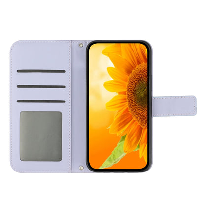 ELECTROPRIME For iPhone 15 Skin Feel Sun Flower Embossed Flip Leather Phone Case with Lanyard(Purple)