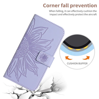ELECTROPRIME For iPhone 15 Skin Feel Sun Flower Embossed Flip Leather Phone Case with Lanyard(Purple)