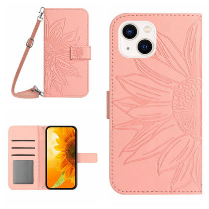 ELECTROPRIME For iPhone 15 Skin Feel Sun Flower Embossed Flip Leather Phone Case with Lanyard(Pink)