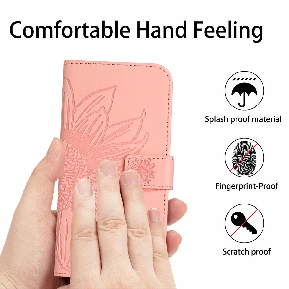 ELECTROPRIME For iPhone 15 Skin Feel Sun Flower Embossed Flip Leather Phone Case with Lanyard(Pink)