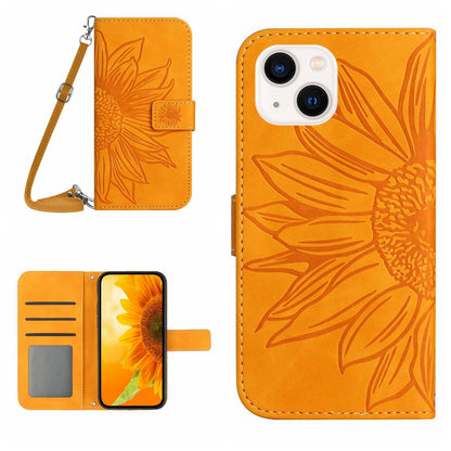 ELECTROPRIME For iPhone 15 Skin Feel Sun Flower Embossed Flip Leather Phone Case with Lanyard(Yellow)