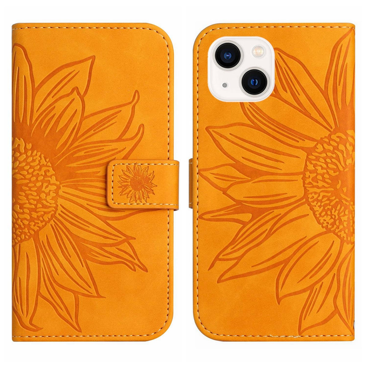 ELECTROPRIME For iPhone 15 Skin Feel Sun Flower Embossed Flip Leather Phone Case with Lanyard(Yellow)