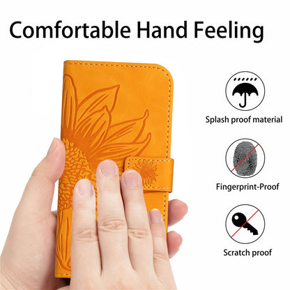 ELECTROPRIME For iPhone 15 Skin Feel Sun Flower Embossed Flip Leather Phone Case with Lanyard(Yellow)