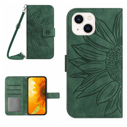ELECTROPRIME For iPhone 15 Skin Feel Sun Flower Embossed Flip Leather Phone Case with Lanyard(Green)