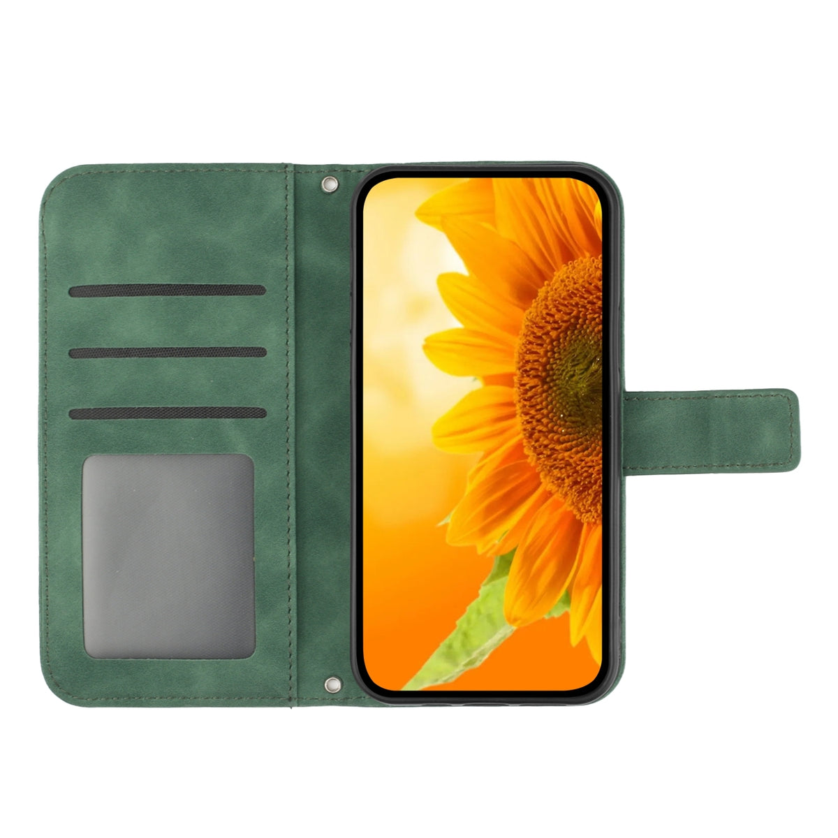 ELECTROPRIME For iPhone 15 Skin Feel Sun Flower Embossed Flip Leather Phone Case with Lanyard(Green)