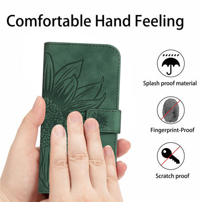 ELECTROPRIME For iPhone 15 Skin Feel Sun Flower Embossed Flip Leather Phone Case with Lanyard(Green)