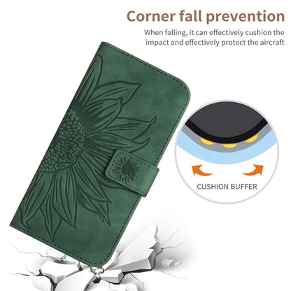 ELECTROPRIME For iPhone 15 Skin Feel Sun Flower Embossed Flip Leather Phone Case with Lanyard(Green)