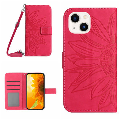 ELECTROPRIME For iPhone 15 Skin Feel Sun Flower Embossed Flip Leather Phone Case with Lanyard(Rose Red)