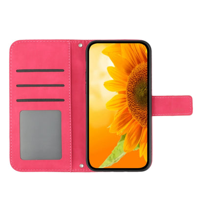 ELECTROPRIME For iPhone 15 Skin Feel Sun Flower Embossed Flip Leather Phone Case with Lanyard(Rose Red)