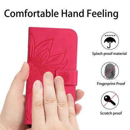 ELECTROPRIME For iPhone 15 Skin Feel Sun Flower Embossed Flip Leather Phone Case with Lanyard(Rose Red)