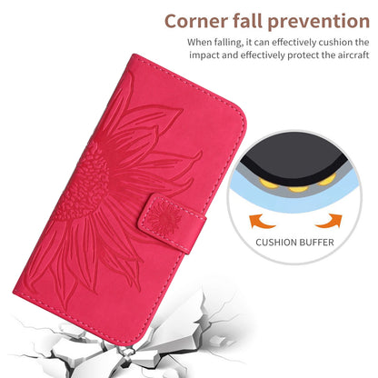ELECTROPRIME For iPhone 15 Skin Feel Sun Flower Embossed Flip Leather Phone Case with Lanyard(Rose Red)