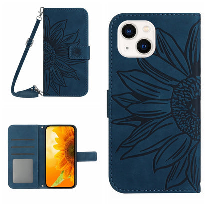ELECTROPRIME For iPhone 15 Skin Feel Sun Flower Embossed Flip Leather Phone Case with Lanyard(Inky Blue)