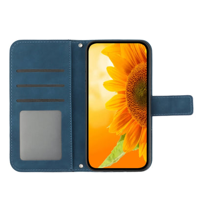 ELECTROPRIME For iPhone 15 Skin Feel Sun Flower Embossed Flip Leather Phone Case with Lanyard(Inky Blue)