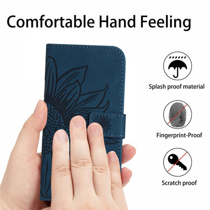 ELECTROPRIME For iPhone 15 Skin Feel Sun Flower Embossed Flip Leather Phone Case with Lanyard(Inky Blue)