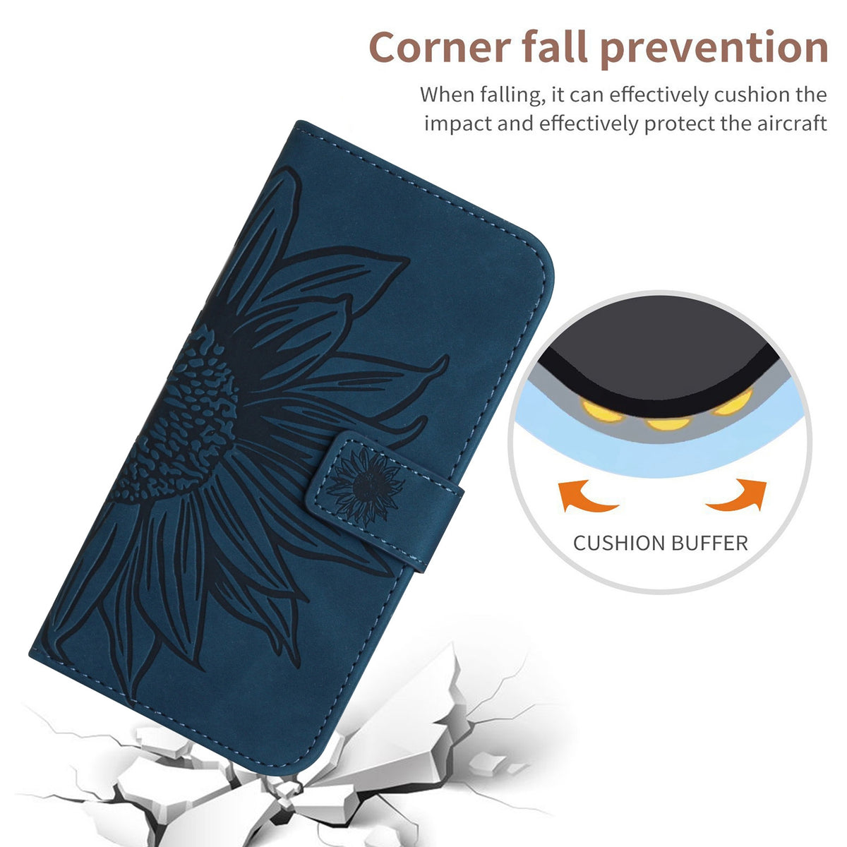 ELECTROPRIME For iPhone 15 Skin Feel Sun Flower Embossed Flip Leather Phone Case with Lanyard(Inky Blue)