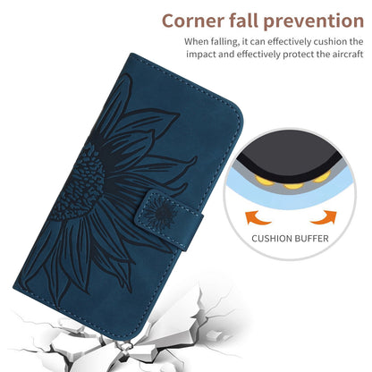 ELECTROPRIME For iPhone 15 Skin Feel Sun Flower Embossed Flip Leather Phone Case with Lanyard(Inky Blue)