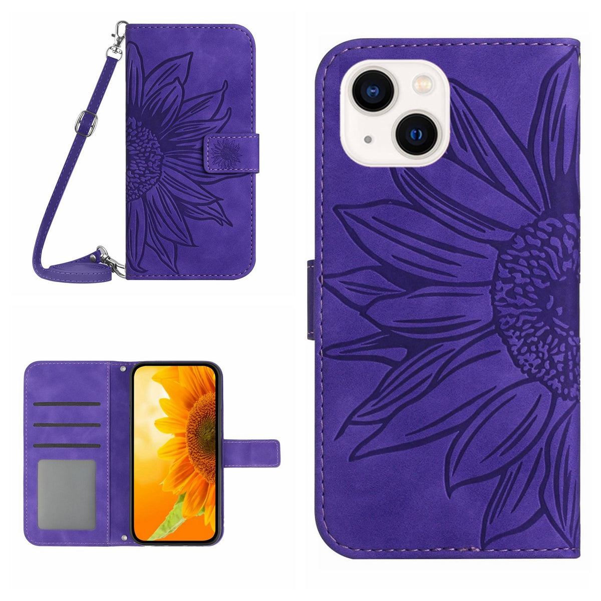 ELECTROPRIME For iPhone 15 Skin Feel Sun Flower Embossed Flip Leather Phone Case with Lanyard(Dark Purple)