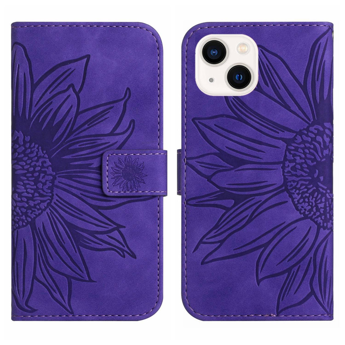 ELECTROPRIME For iPhone 15 Skin Feel Sun Flower Embossed Flip Leather Phone Case with Lanyard(Dark Purple)