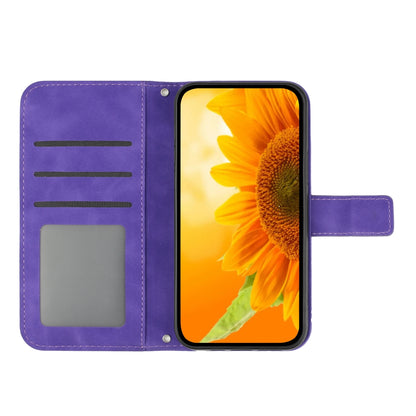 ELECTROPRIME For iPhone 15 Skin Feel Sun Flower Embossed Flip Leather Phone Case with Lanyard(Dark Purple)