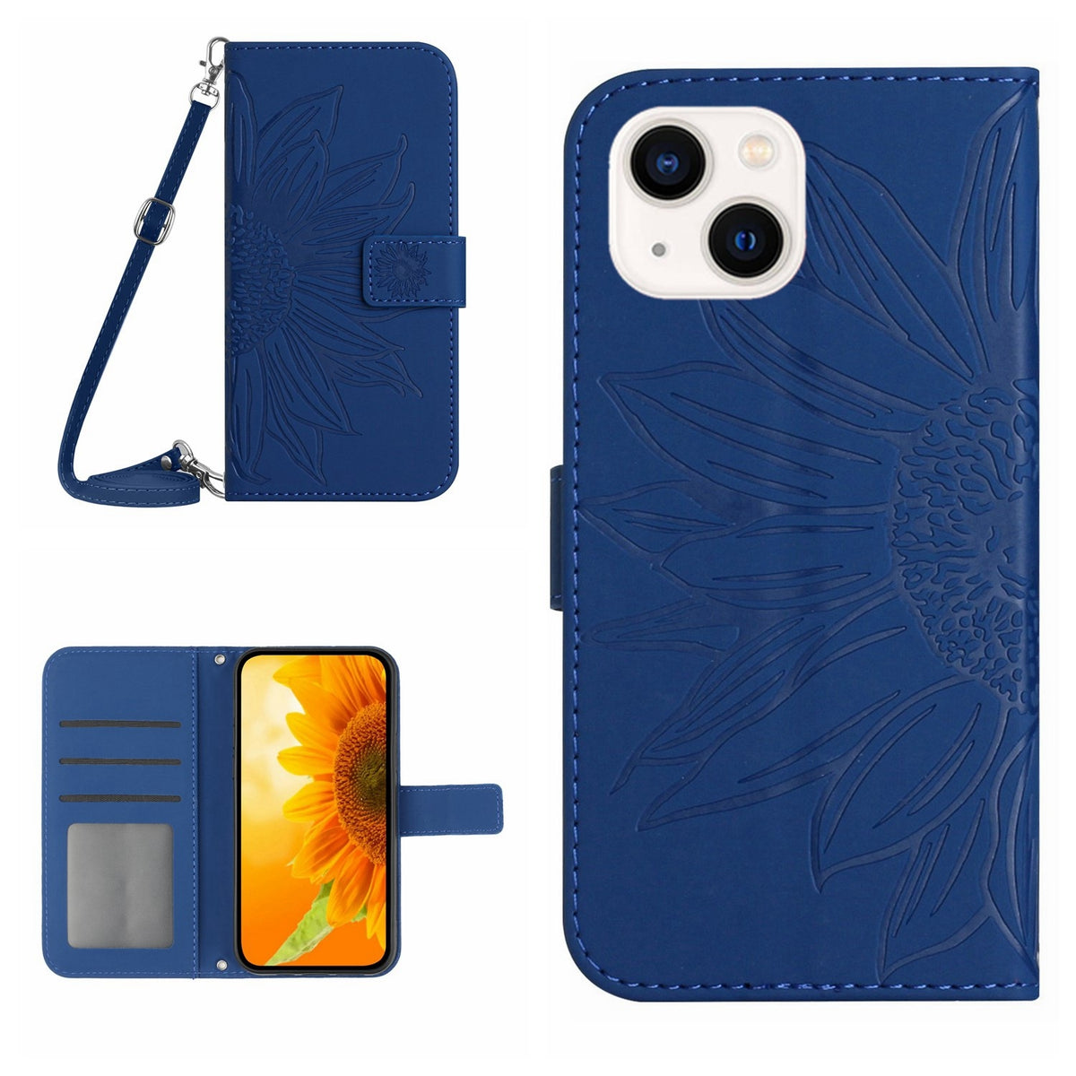 ELECTROPRIME For iPhone 15 Plus Skin Feel Sun Flower Embossed Flip Leather Phone Case with Lanyard(Dark Blue)