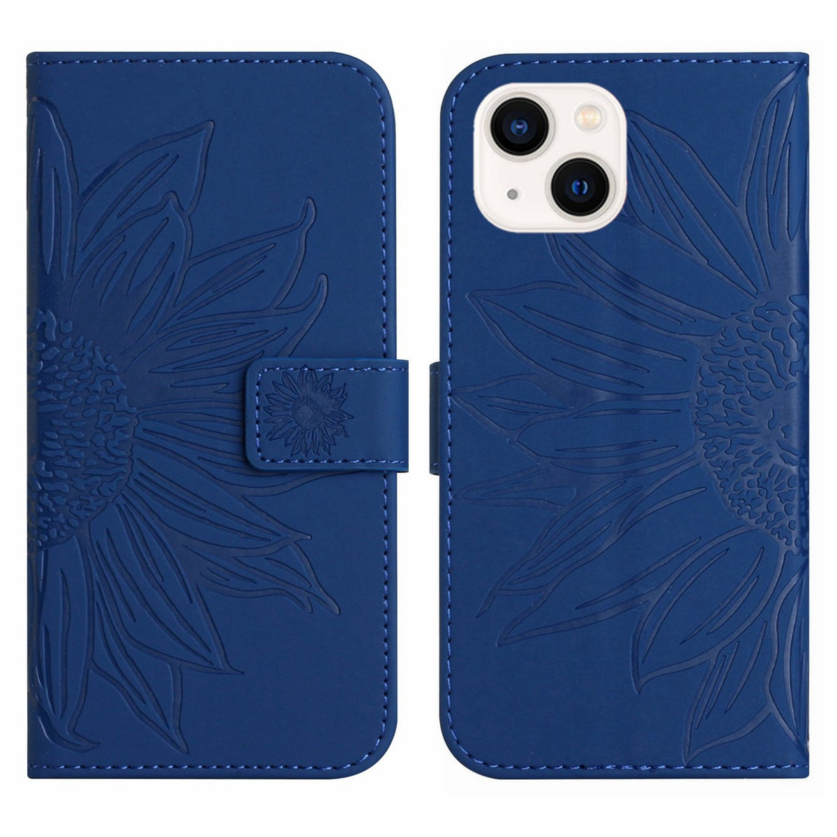 ELECTROPRIME For iPhone 15 Plus Skin Feel Sun Flower Embossed Flip Leather Phone Case with Lanyard(Dark Blue)