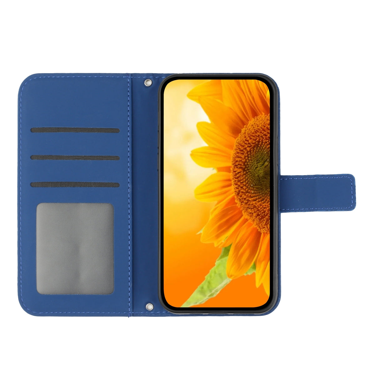 ELECTROPRIME For iPhone 15 Plus Skin Feel Sun Flower Embossed Flip Leather Phone Case with Lanyard(Dark Blue)