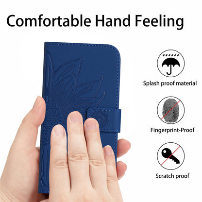 ELECTROPRIME For iPhone 15 Plus Skin Feel Sun Flower Embossed Flip Leather Phone Case with Lanyard(Dark Blue)