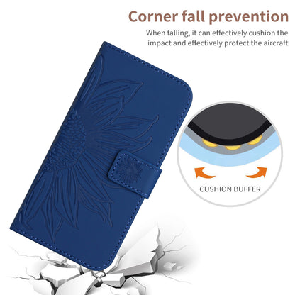 ELECTROPRIME For iPhone 15 Plus Skin Feel Sun Flower Embossed Flip Leather Phone Case with Lanyard(Dark Blue)