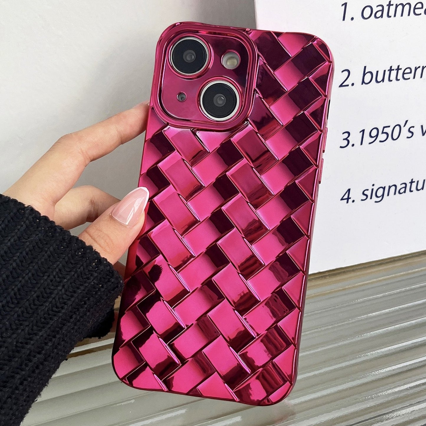 ELECTROPRIME For iPhone 15 Retro Weave Texture Electroplating Phone Case(Rose Red)