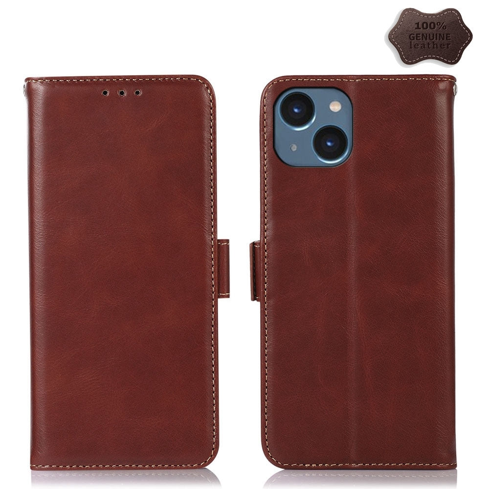 ELECTROPRIME For iPhone 15 Crazy Horse Top Layer Cowhide Leather Phone Case(Brown)