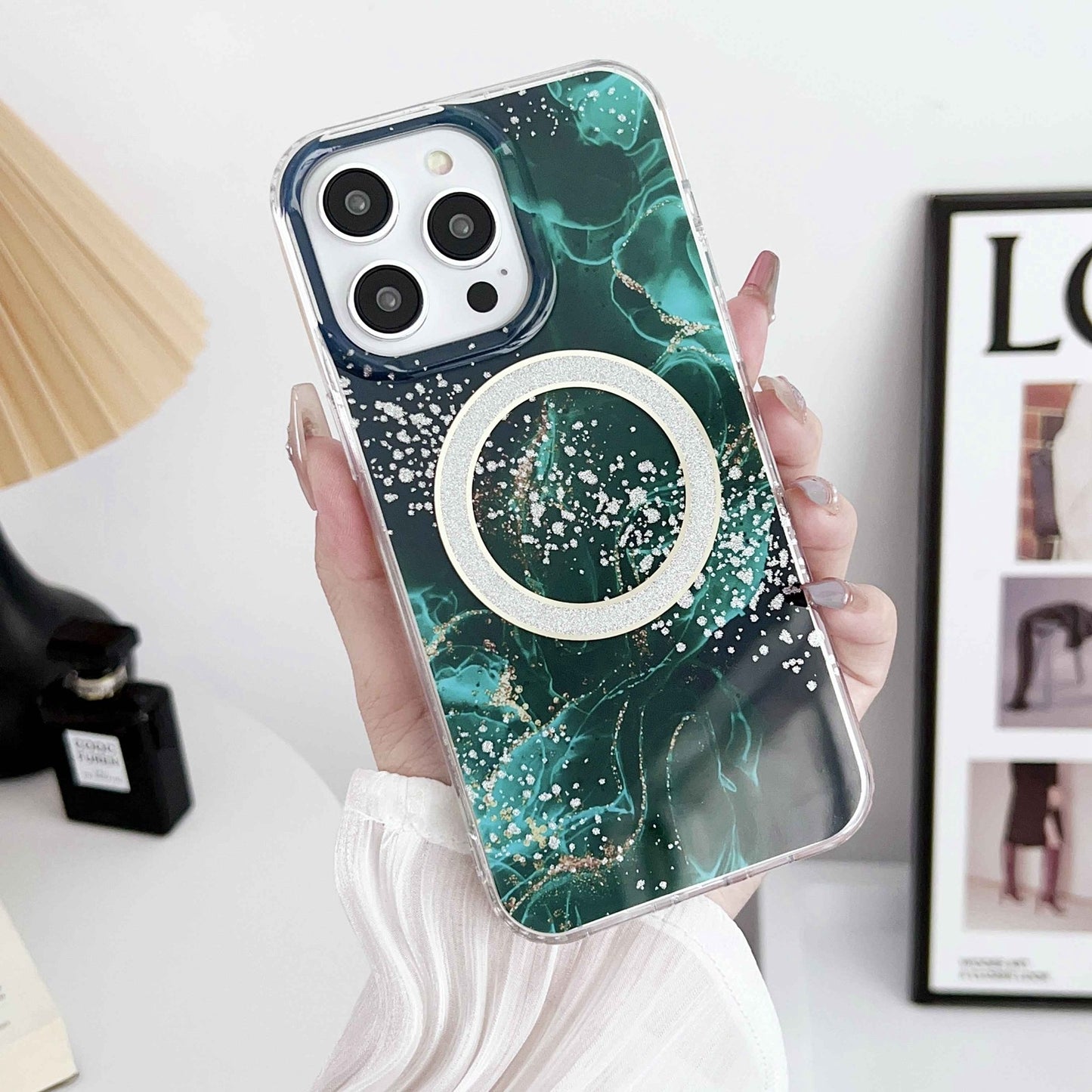 ELECTROPRIME For iPhone 15 Dual-side IMD Marble Magsafe Phone Case(Dark Green)