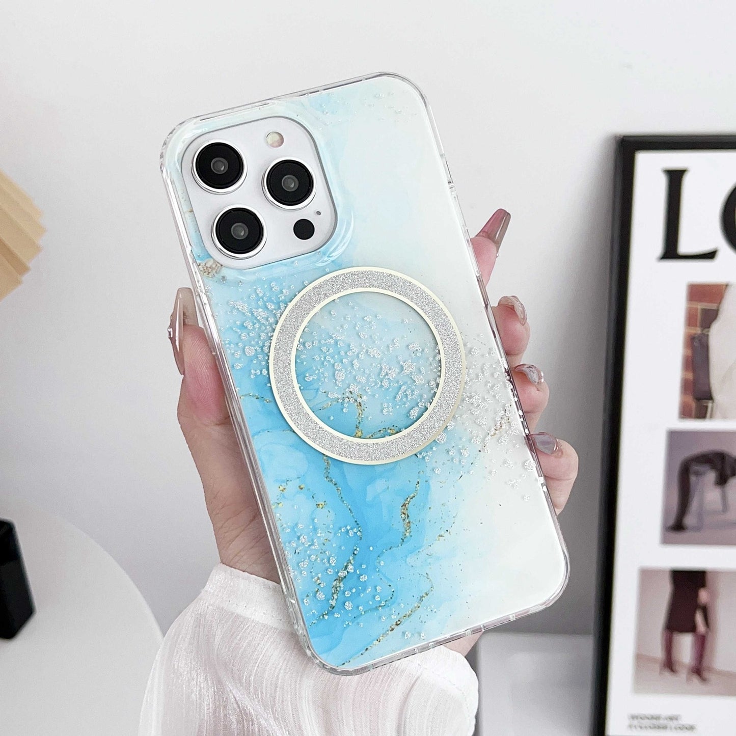 ELECTROPRIME For iPhone 15 Dual-side IMD Marble Magsafe Phone Case(Sky Blue)