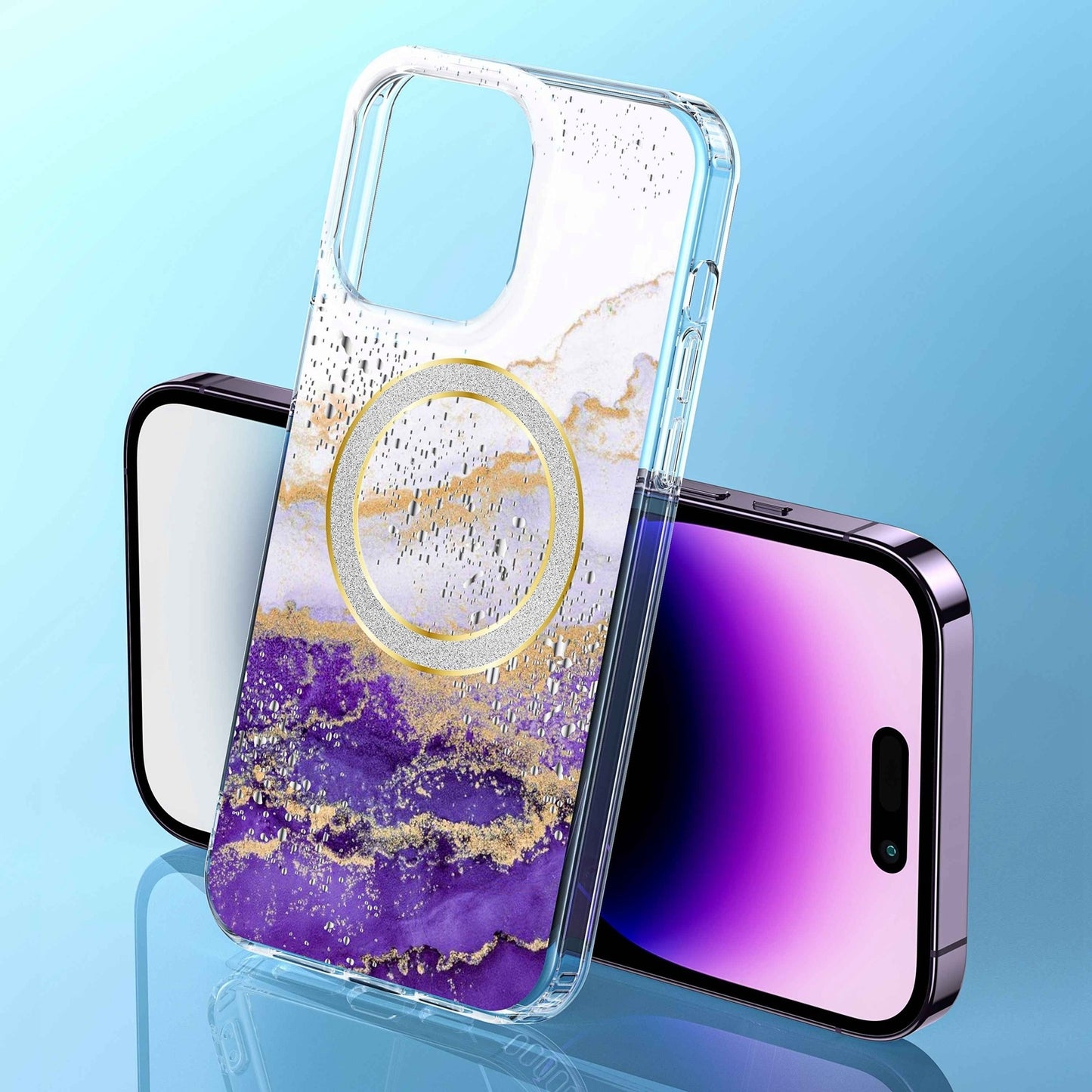 ELECTROPRIME For iPhone 15 Dual-side IMD Marble Magsafe Phone Case(White Purple)