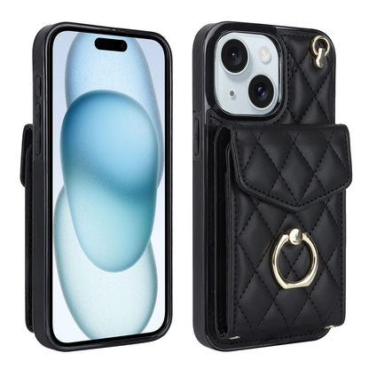 ELECTROPRIME For iPhone 15 Plus Rhombic Texture Card Bag Phone Case with Long Lanyard(Black)